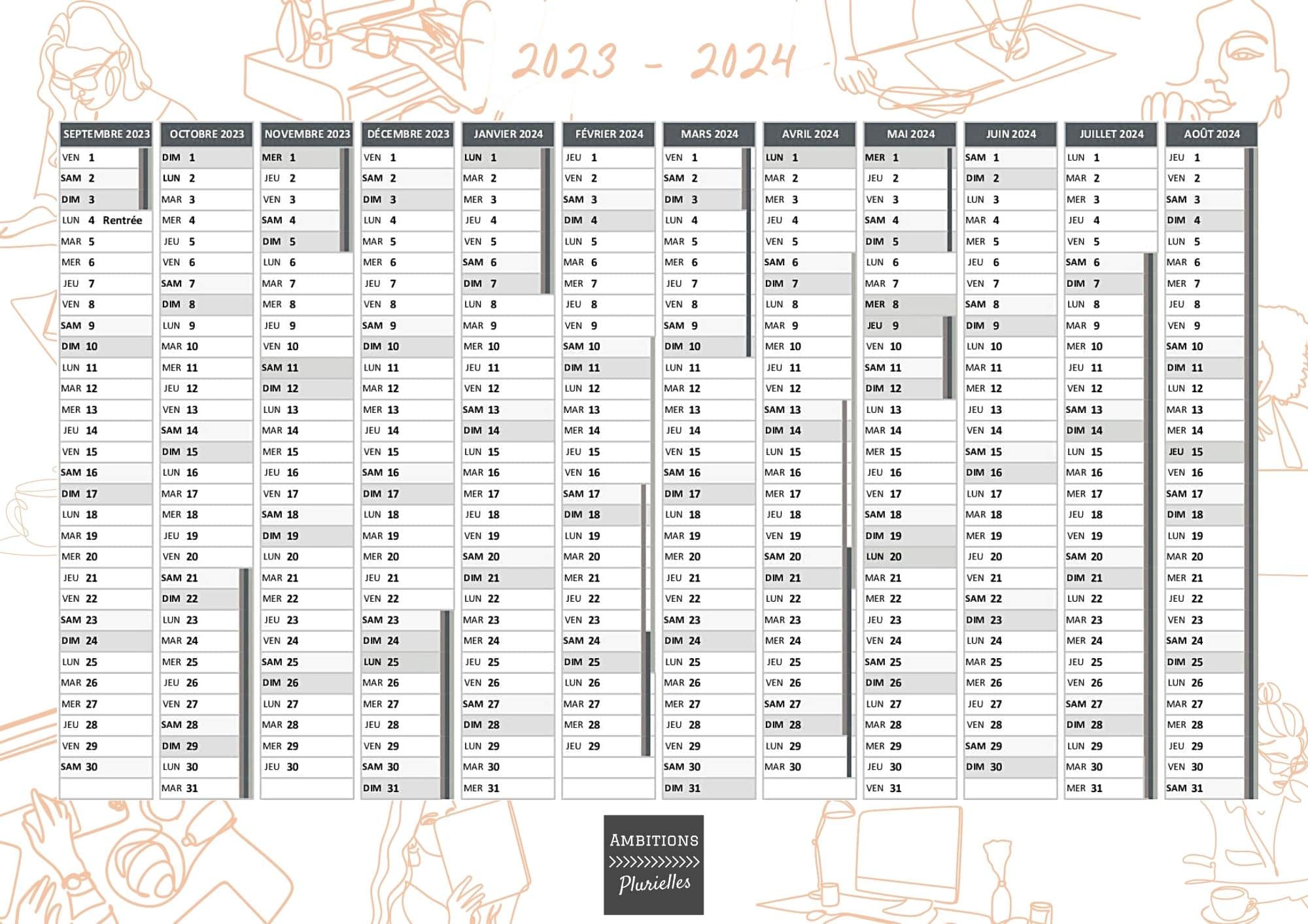 Calendrier gratuit à imprimer pour l’année 2023 – 2024